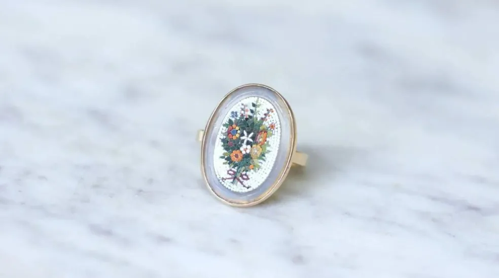 Bague micro mosaïque bouquet fleur or jaune