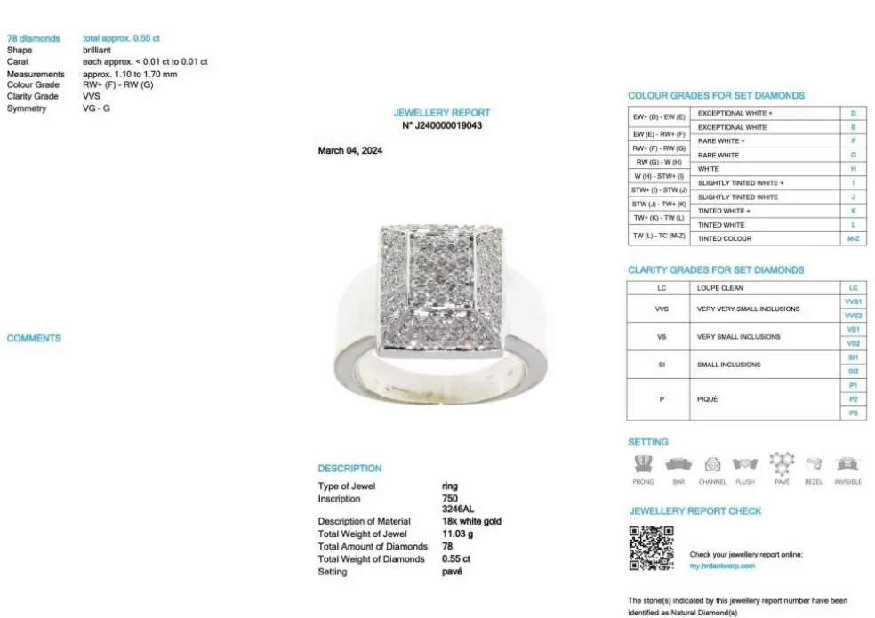 Bague mode en or blanc certifiée HRD avec diamants