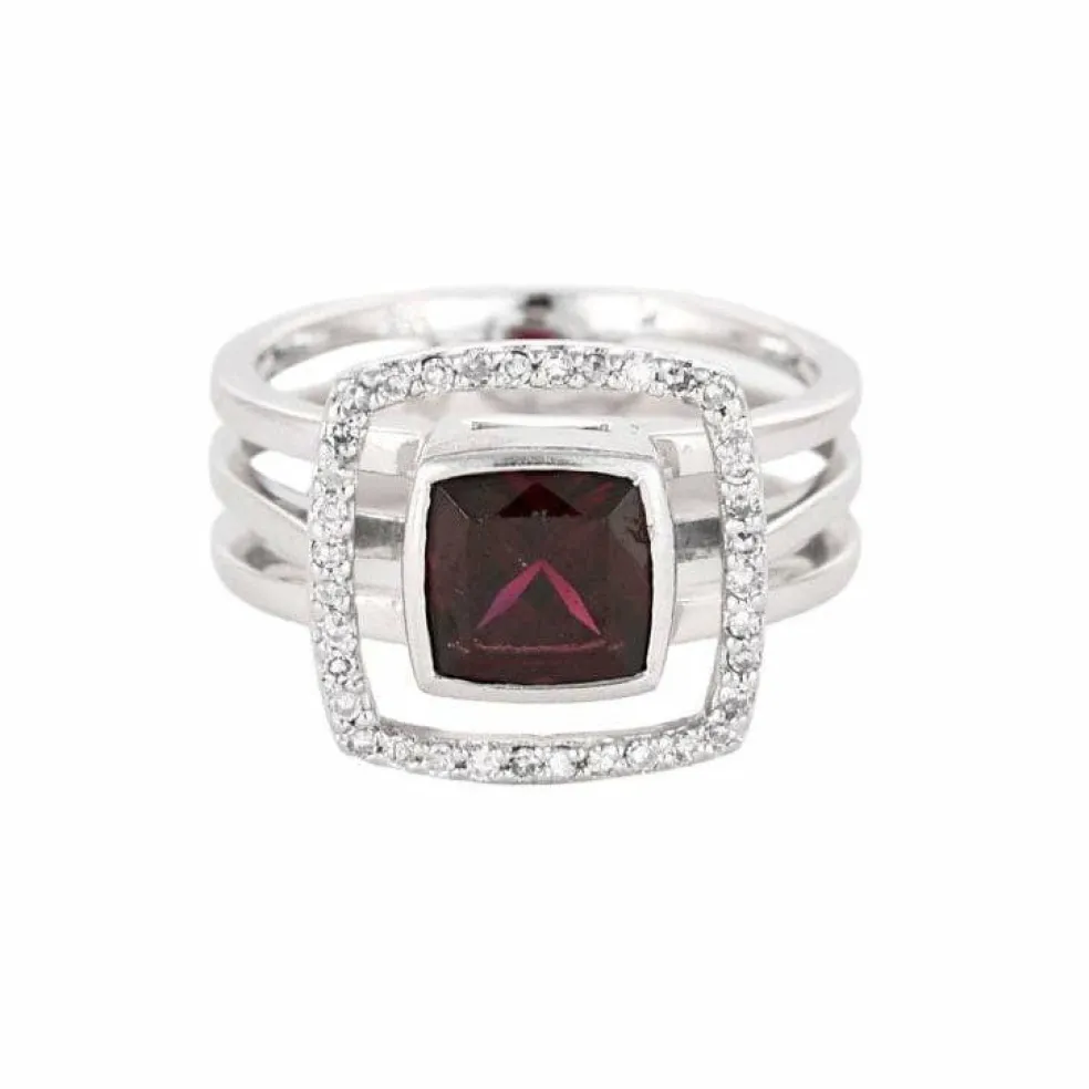 Bague moderne or gris, grenat et diamants