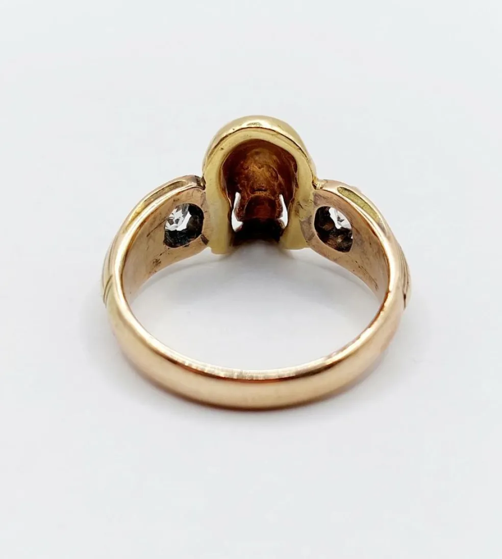 Bague momento mori antique or jaune 14k tête de mort et diamants taille anciennes