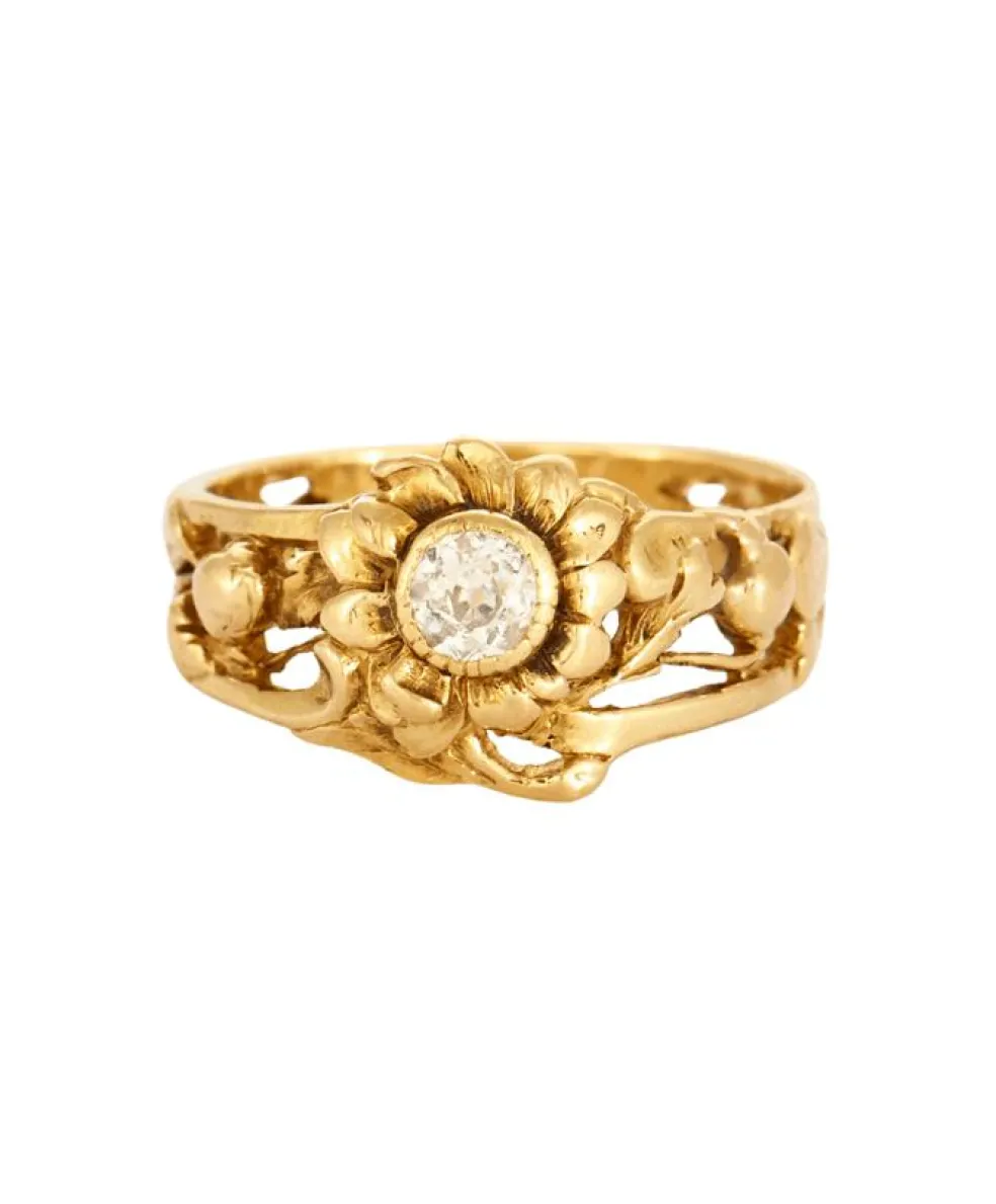 Bague motif floral or jaune et diamant