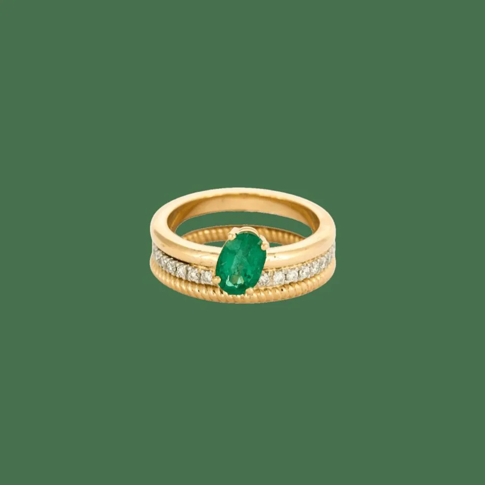 Bague multi-anneaux or jaune platine diamants et émeraude.