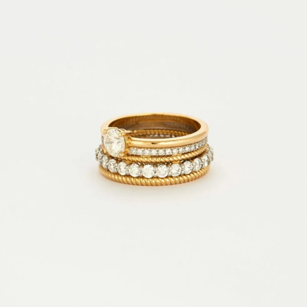 Bague multi-anneaux torsadé or jaune platine diamants