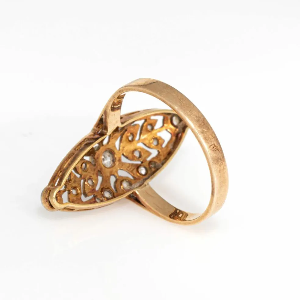 Bague Navette Antique Edwardienne Diamant Couronne Or 18 carats Platine