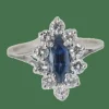 Bague navette en or blanc, saphir et diamants