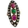BAGUE NAVETTE EN OR JAUNE AVEC RUBIS ET ÉMERAUDE
