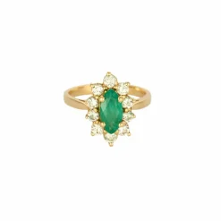 Bague navette, or jaune, diamants et émeraude