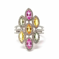 Bague navettes saphirs multicolores diamants or blanc