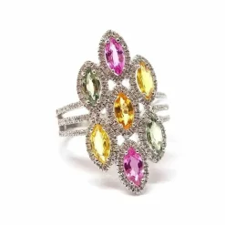 Bague navettes saphirs multicolores diamants or blanc
