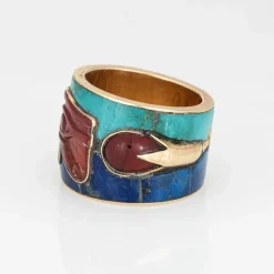 Bague Oeil d'Horus bande or jaune Lapis Turquoise