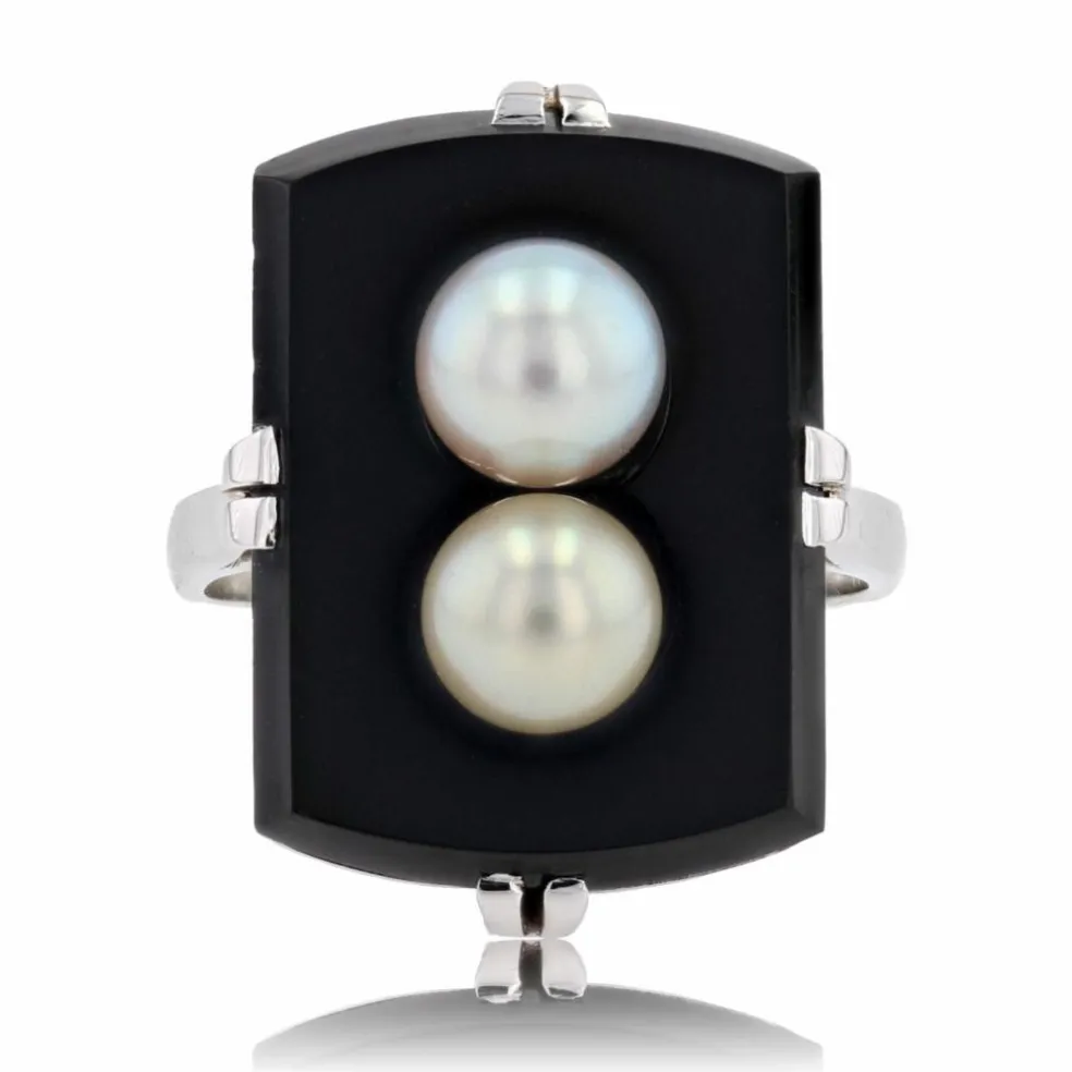 Bague onyx et ses perles de culture grise et dorée