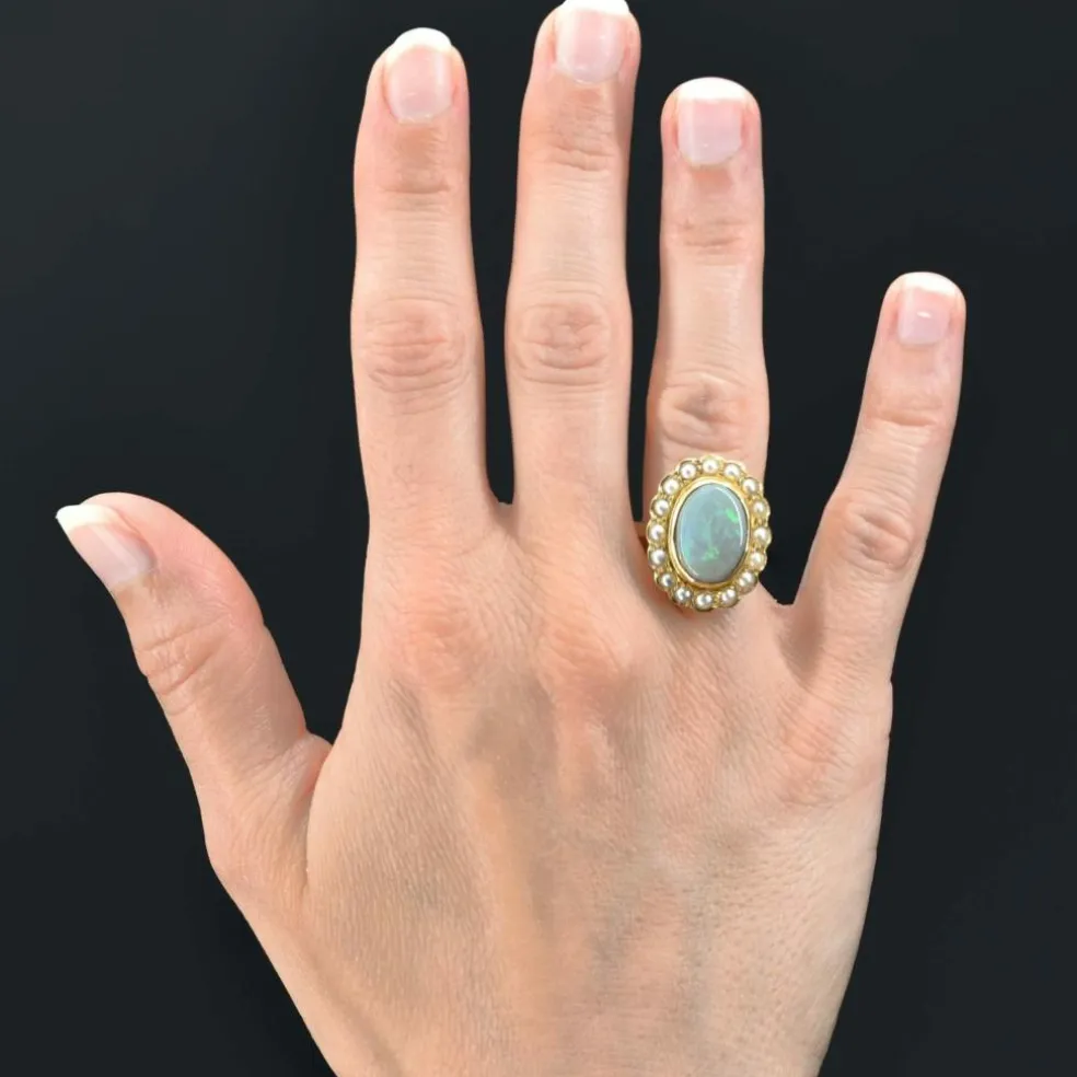 Bague opale et perles sur or jaune