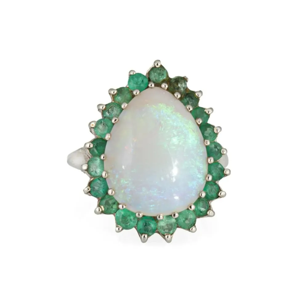 Bague Opale Émeraude Vintage Or Blanc Poire Cocktail