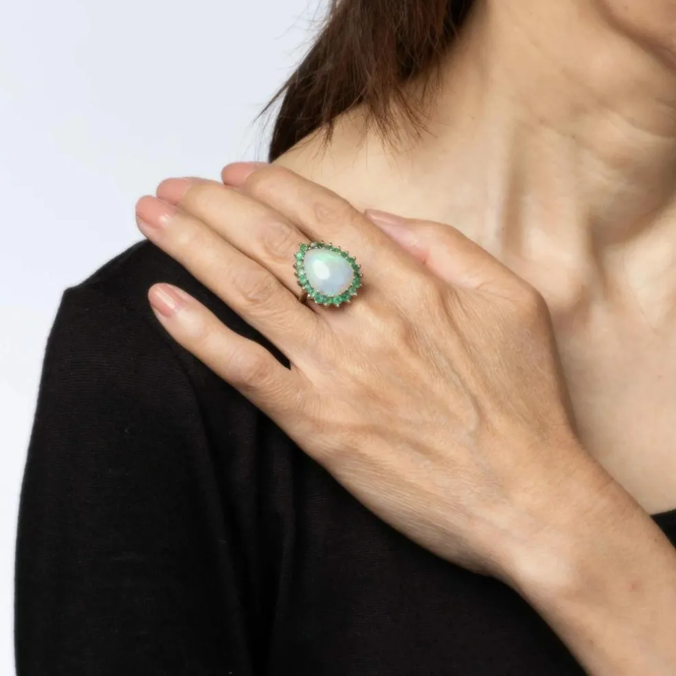 Bague Opale Émeraude Vintage Or Blanc Poire Cocktail