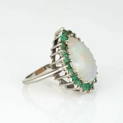 Bague Opale Émeraude Vintage Or Blanc Poire Cocktail