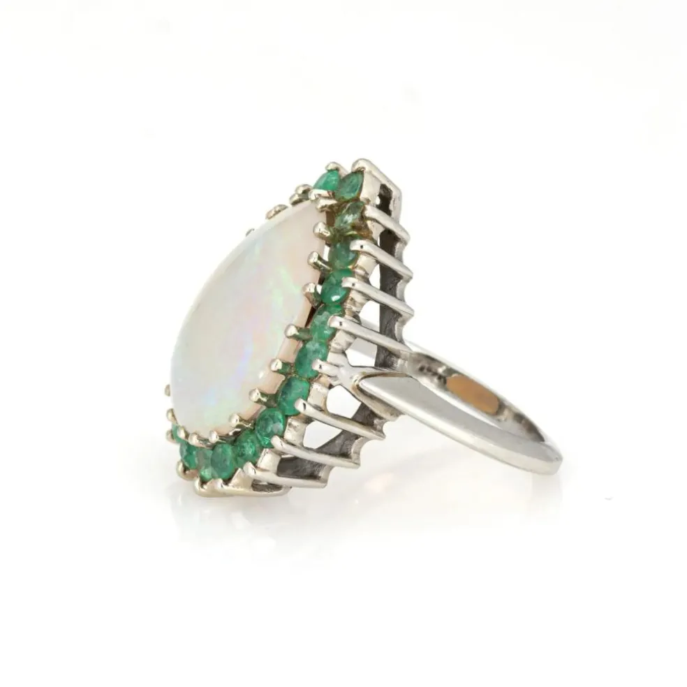 Bague Opale Émeraude Vintage Or Blanc Poire Cocktail