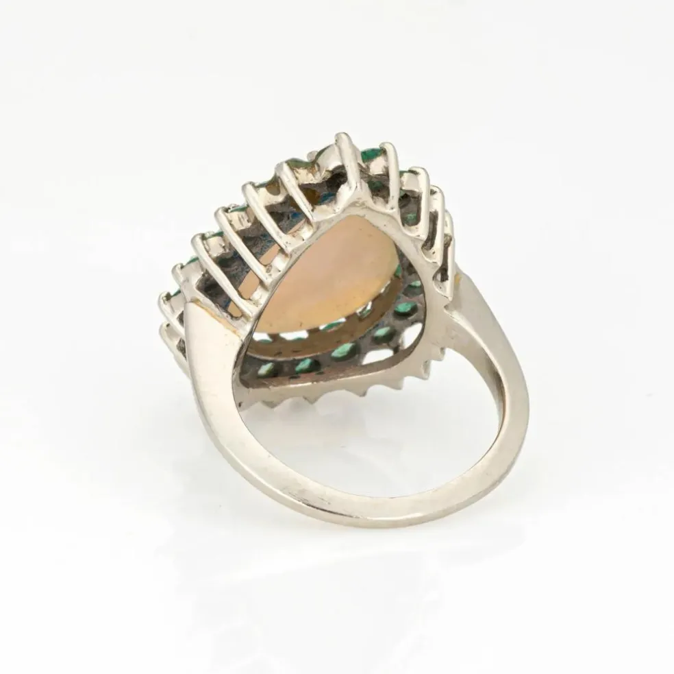 Bague Opale Émeraude Vintage Or Blanc Poire Cocktail