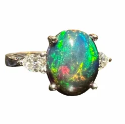 Bague Opale noire, diamant, or blanc