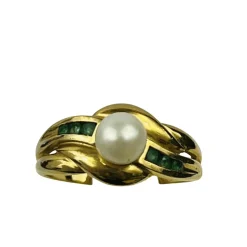 Bague Or avec Perle de Culture et Emeraude