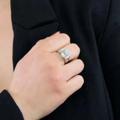 Bague or blanc, aigue marine et diamants