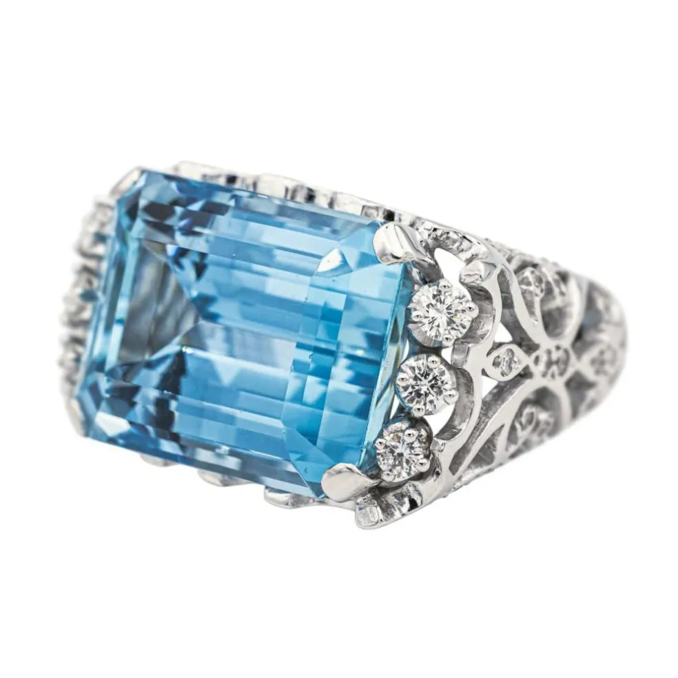 Bague Or blanc Aigue marine, Diamant