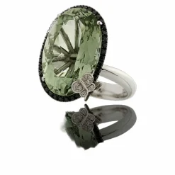 Bague or blanc, améthyste verte, diamants naturels