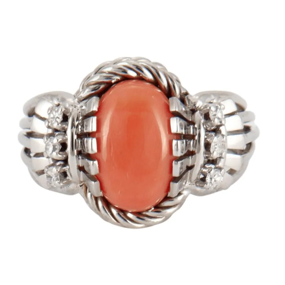 Bague or blanc, corail et diamants
