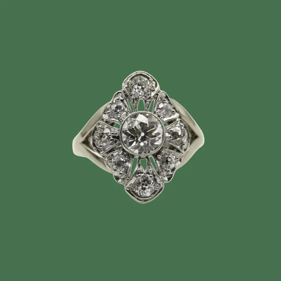 Bague or blanc, diamants taille ancienne européenne et taille ancienne mine - vers 1910
