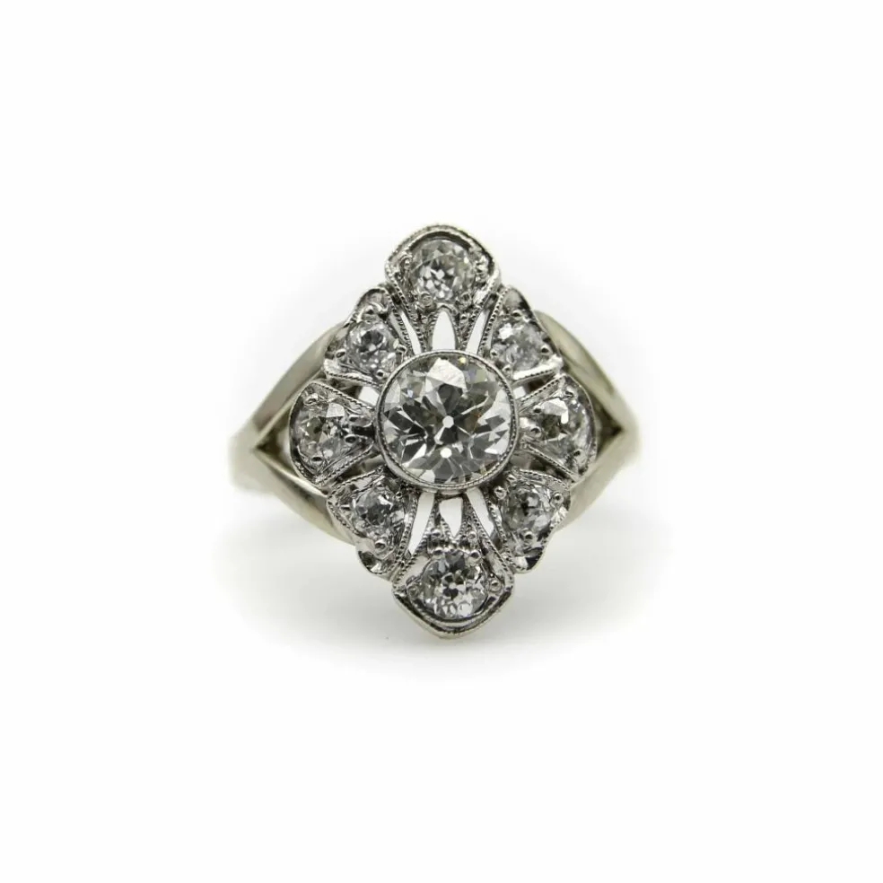 Bague or blanc, diamants taille ancienne européenne et taille ancienne mine - vers 1910