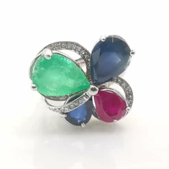 Bague or blanc et pierres précieuses