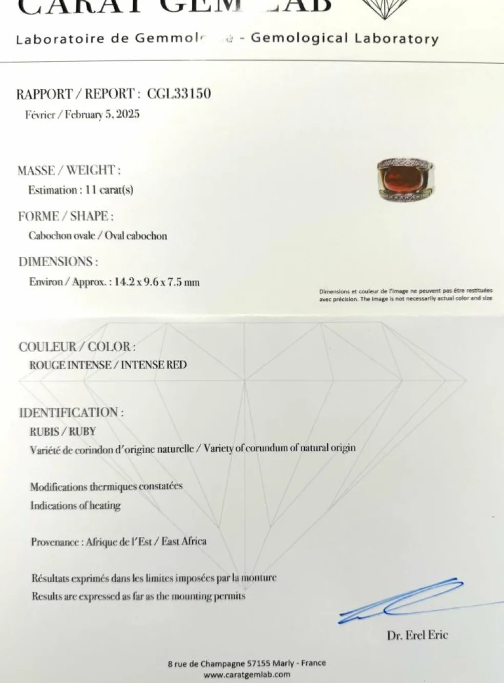 Bague or blanc 18K, diamants et rubis 11ct certifié