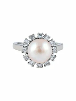 Bague or blanc perle et diamants