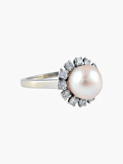Bague or blanc perle et diamants