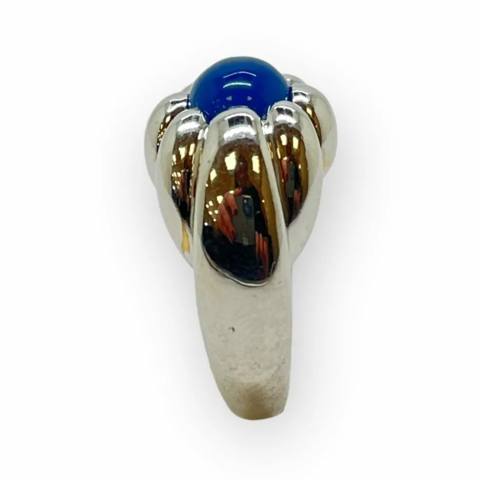 Bague or blanc, pierre bleue cabochon