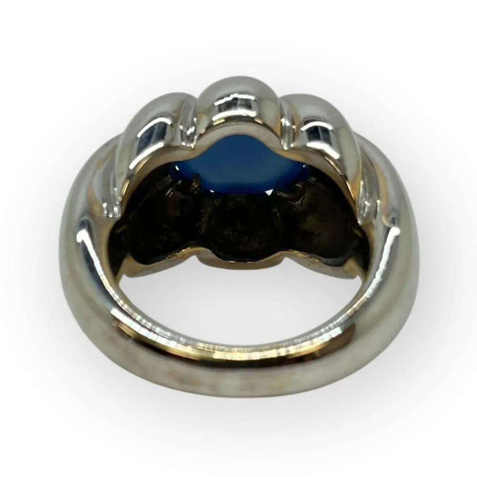 Bague or blanc, pierre bleue cabochon