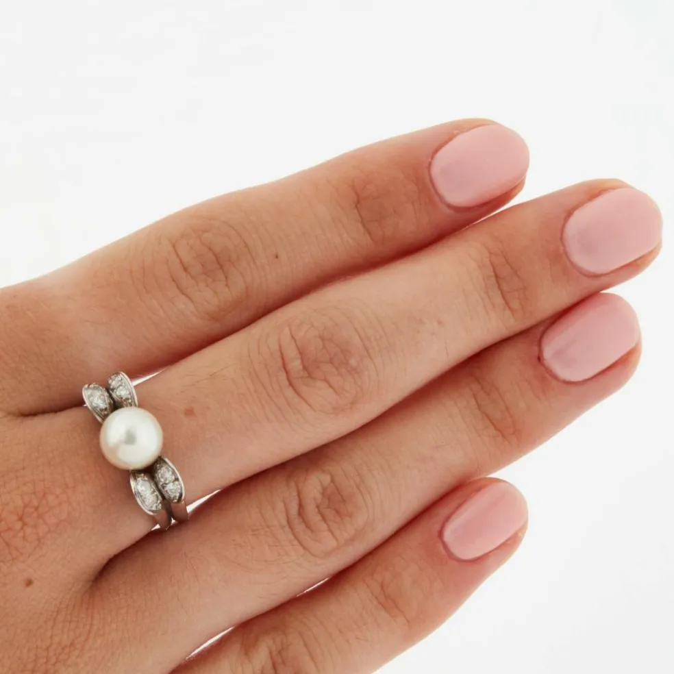 Bague Or blanc Platine Diamants Perle
