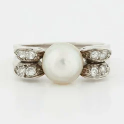 Bague Or blanc Platine Diamants Perle