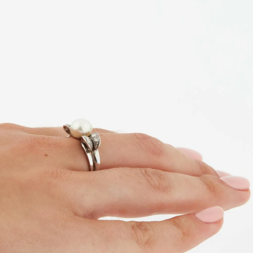 Bague Or blanc Platine Diamants Perle