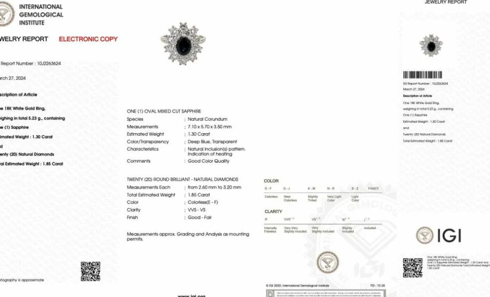 Bague or blanc saphir 1.30ct et diamants certificat IGI
