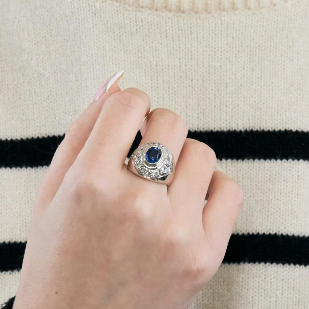 Bague or blanc, saphir et diamants