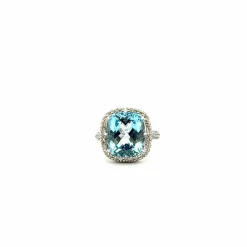 Bague or blanc topaze bleue et diamants