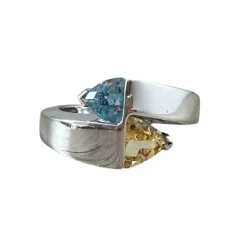 Bague or blanc tourmalines bleue et jaune