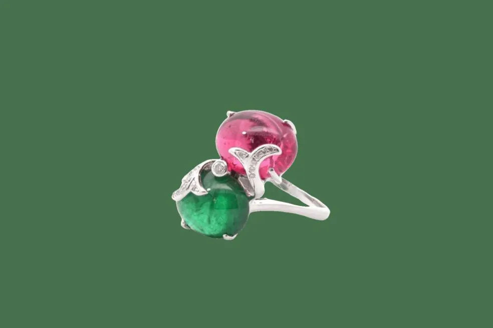 Bague or blanc tourmalines cabochons et diamants