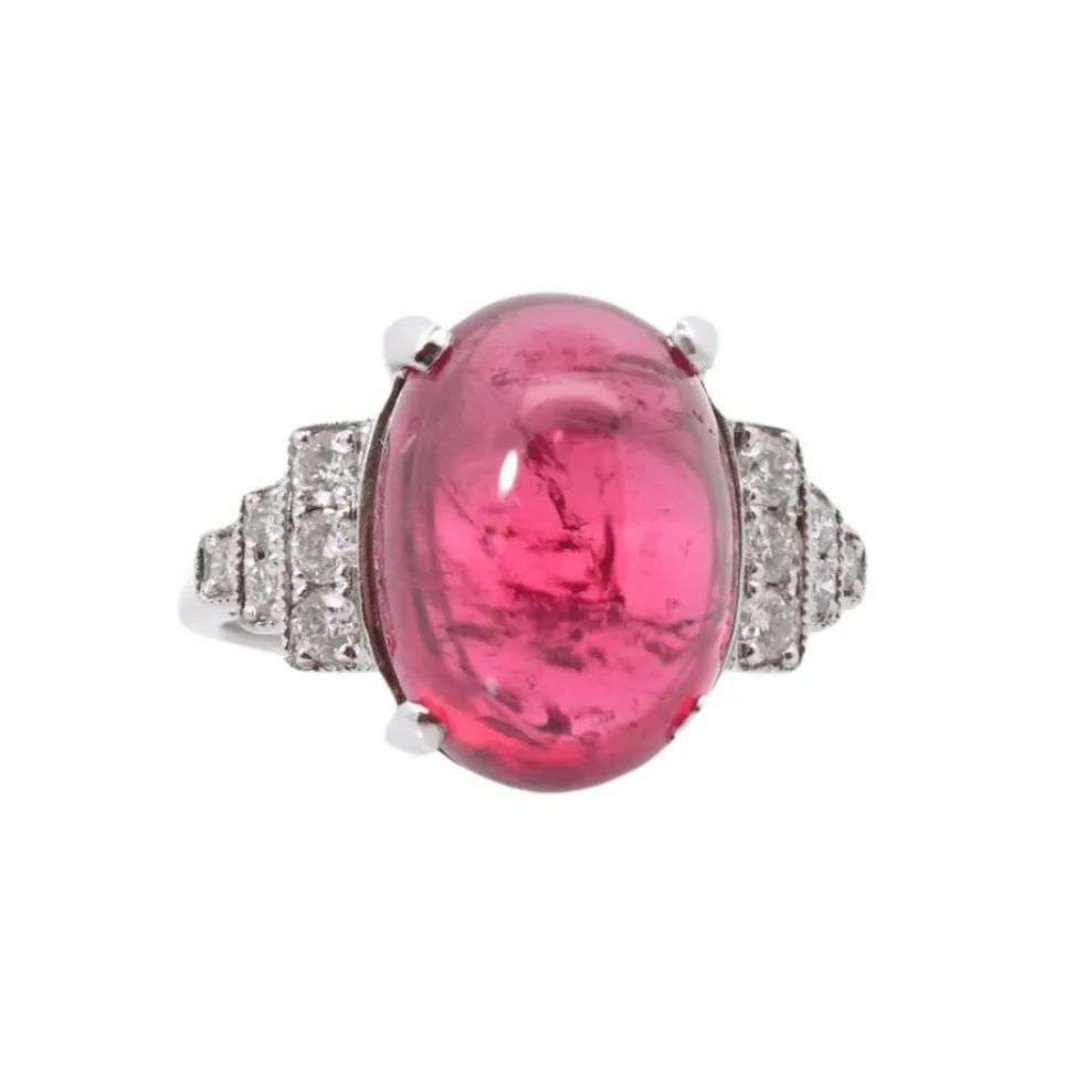 Bague Or blanc Tourmaline cabochon Diamants