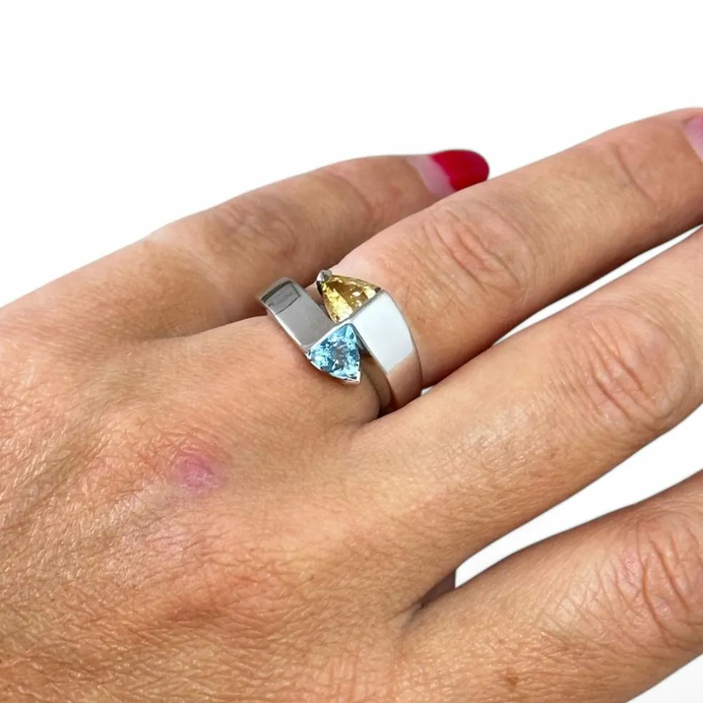 Bague or blanc tourmalines bleue et jaune