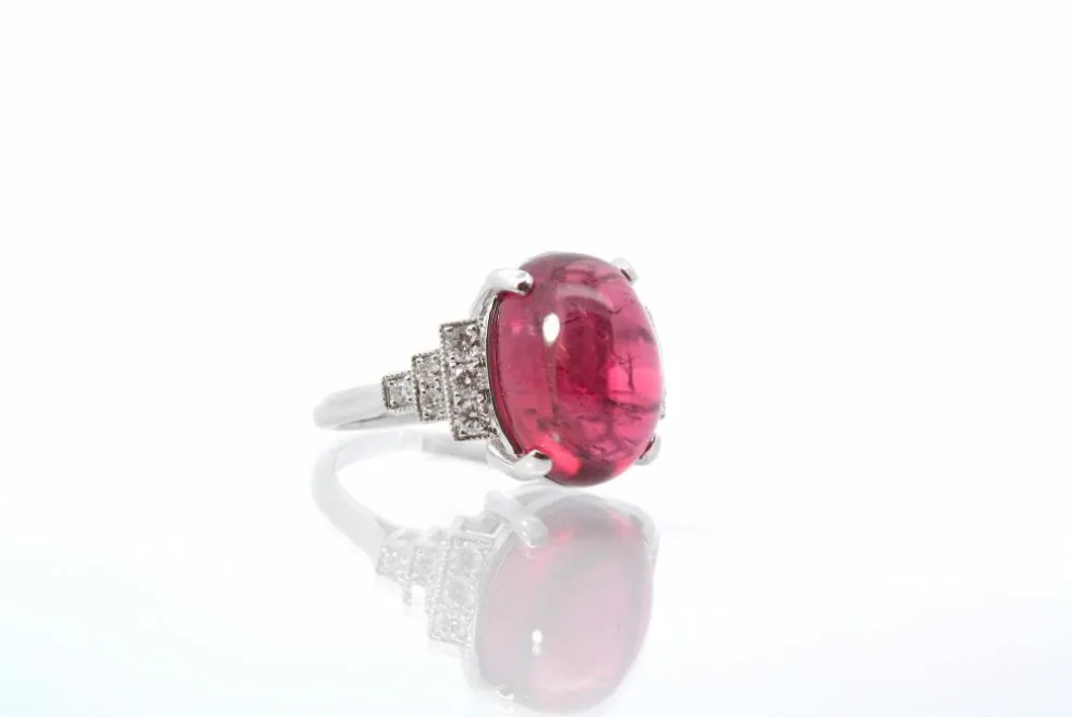 Bague Or blanc Tourmaline cabochon Diamants