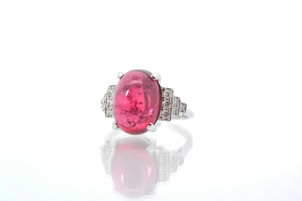 Bague Or blanc Tourmaline cabochon Diamants