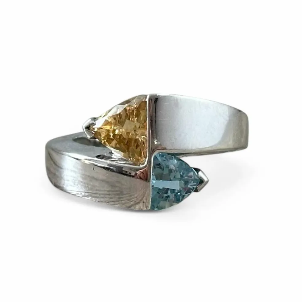 Bague or blanc tourmalines bleue et jaune