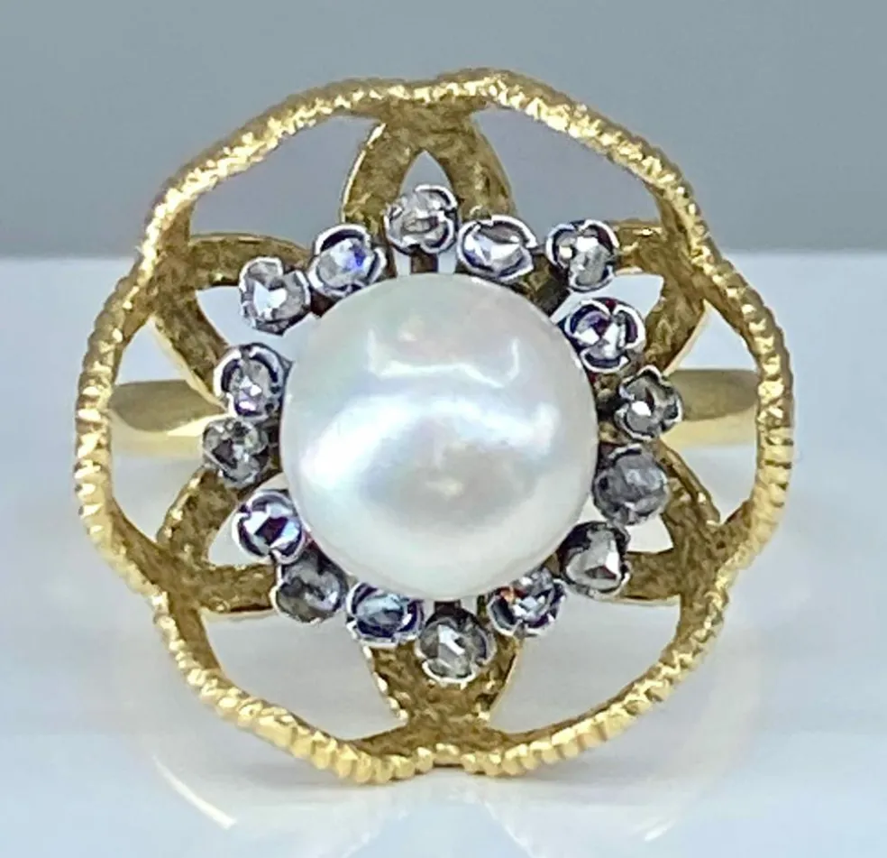 Bague or et argent perle fine et diamants