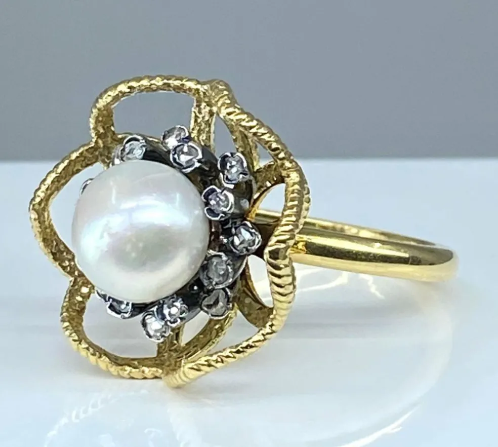 Bague or et argent perle fine et diamants